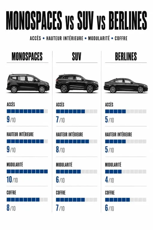 Monovolumenes comparados con SUV y berlinas en accesibilidad, maletero y modularidad