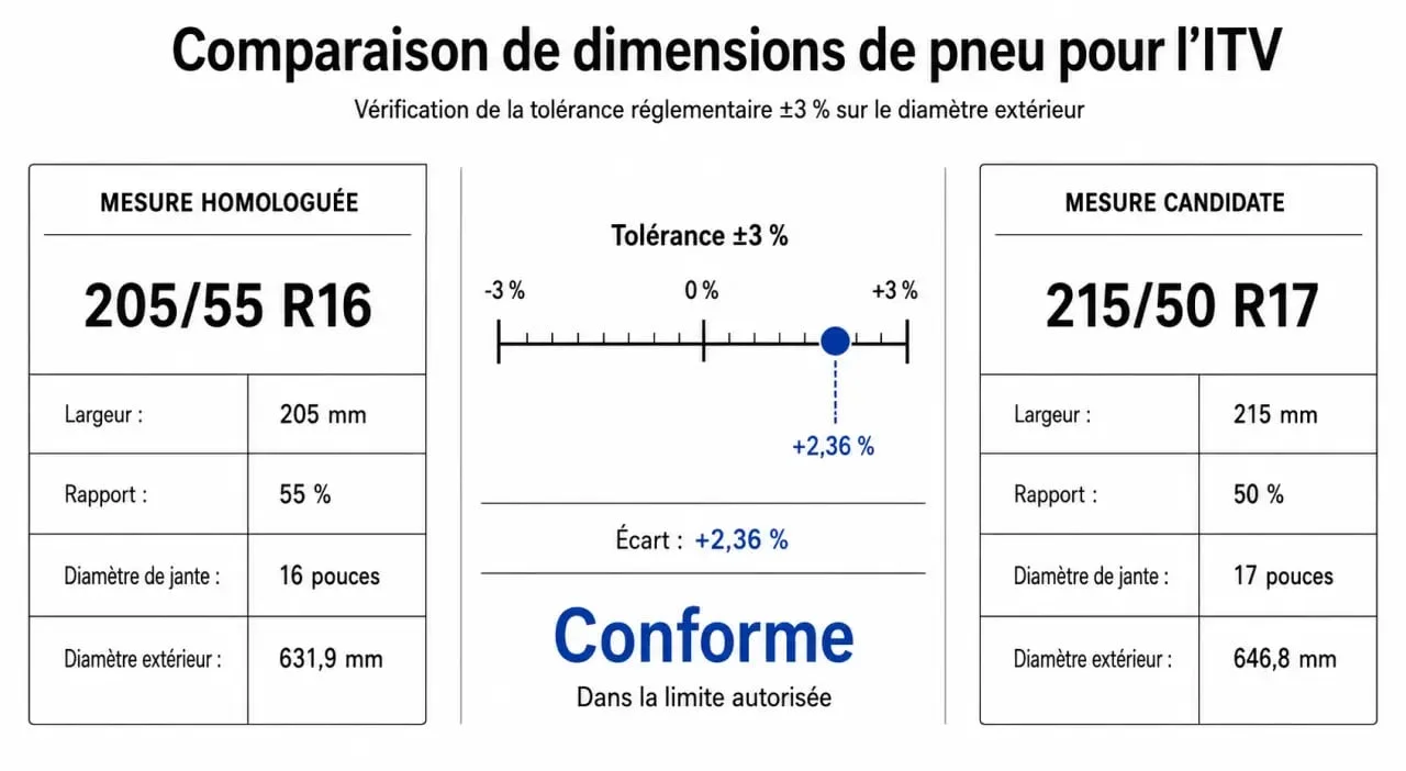 equivalencia neumaticos itv : comparaison visuelle entre mesure homologuée et mesure équivalente avec tolérance ±3 %