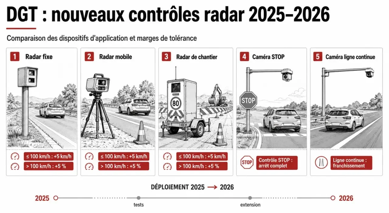 Cambios radares dgt: comparativa visual de radares fijos, móviles, radar-carro y cámaras de STOP y línea continua con cronología 2025-2026