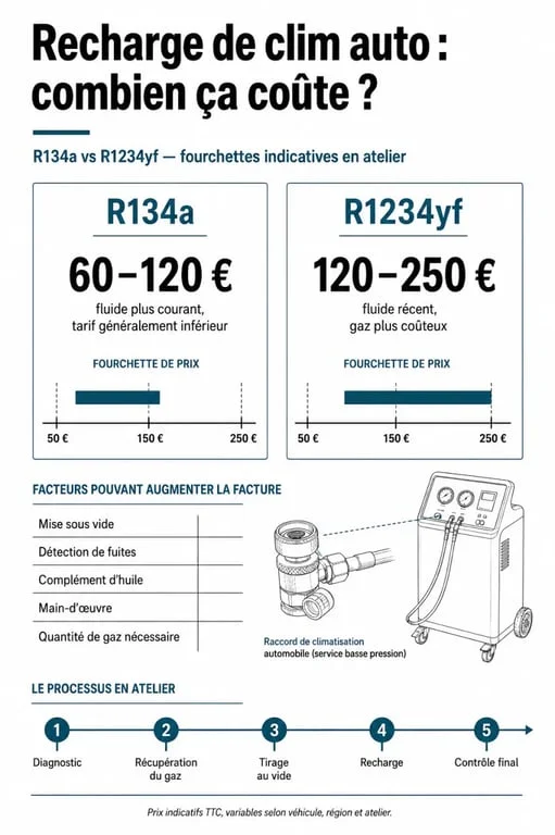 recargar aire acondicionado coche precio: comparación visual de R134a y R1234yf, con rangos de coste y factores que alteran el presupuesto