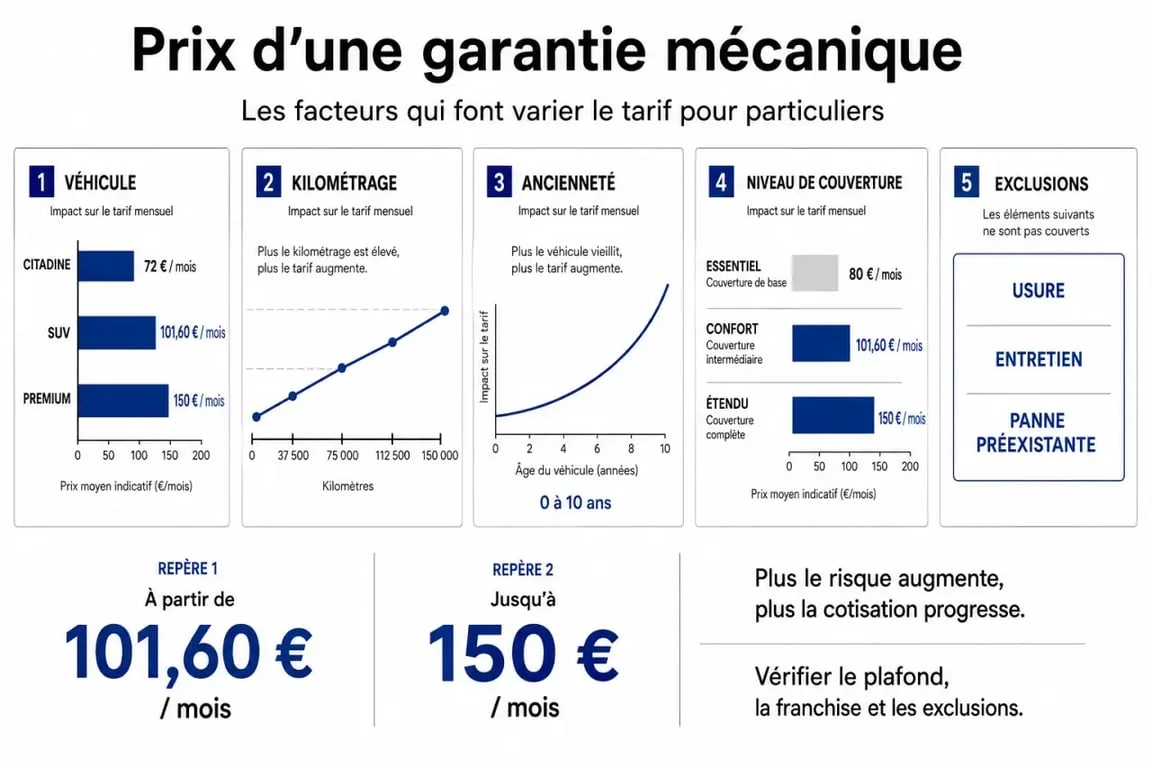 Infographie sur le seguro garantía mecánica particulares precio avec les facteurs qui influencent le coût et les seuils de couverture