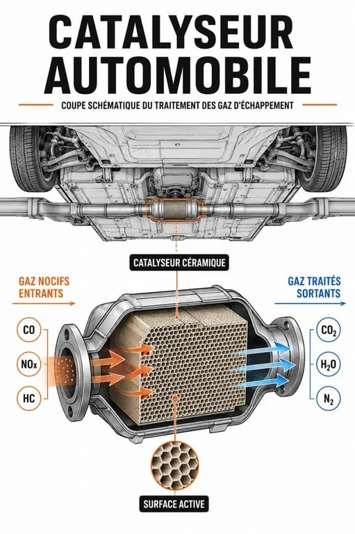 Catalizador coche expliqué avec un schéma du flux des gaz et de sa structure interne