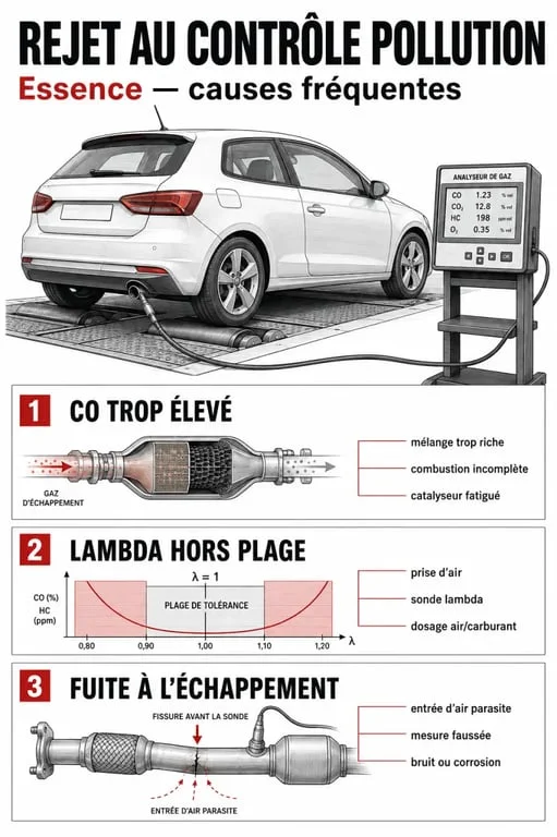 No pasa itv por gases gasolina: causas de CO alto, lambda fuera de rango y fuga en el escape