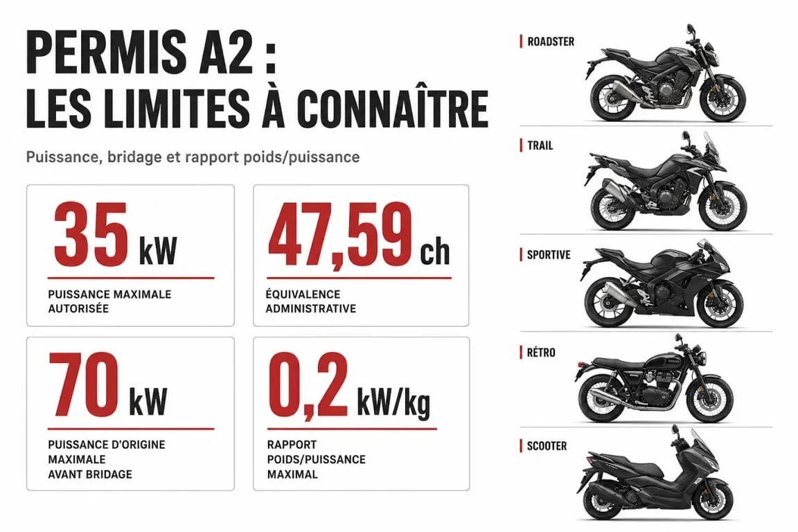motos carnet A2: gráfico comparativo de límites legales y tipos de moto