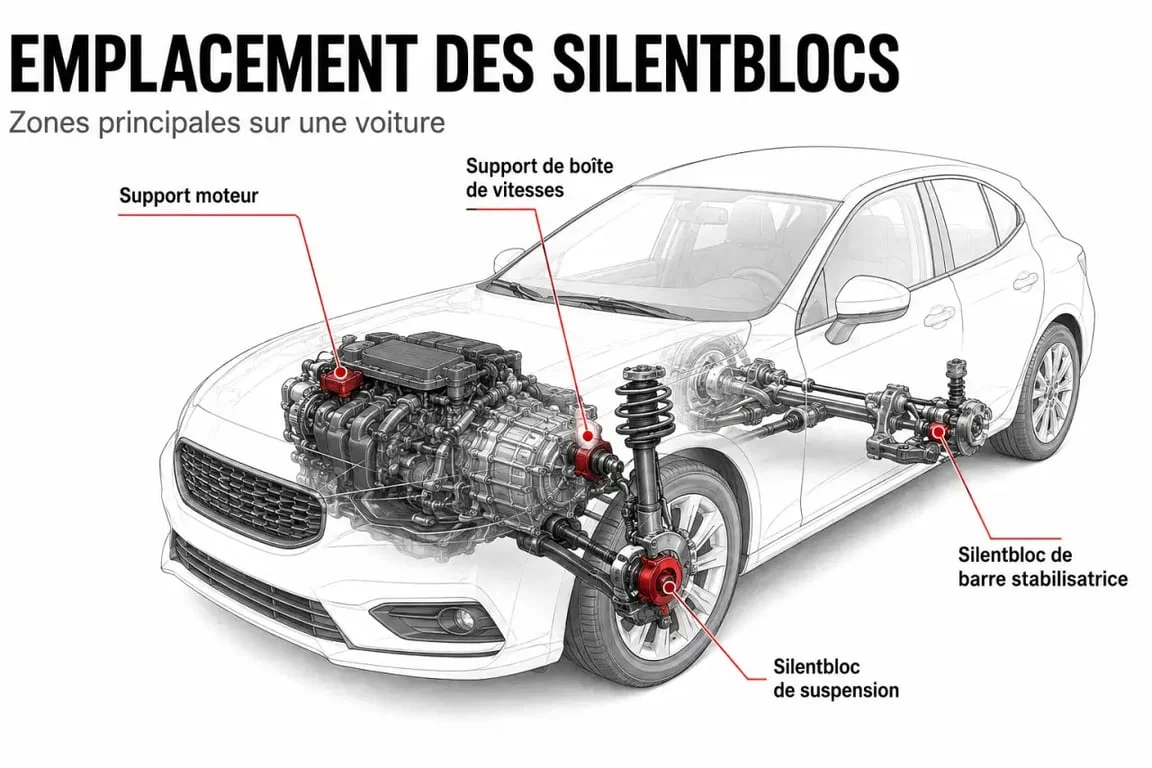 Schéma des silentblock coche sur moteur, suspension, boîte de vitesses et barre stabilisatrice