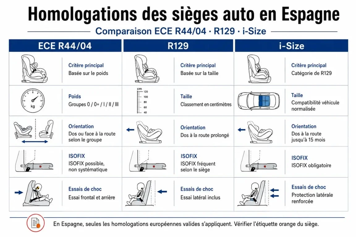 Normativa sillas coche: comparación entre ECE R44/04, R129 e i-Size