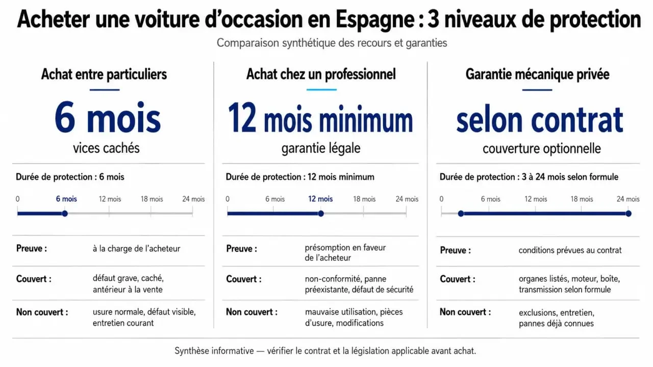 garantia entre particulares coche : comparaison visuelle des protections entre achat à particulier, concessionnaire et garantie mécanique