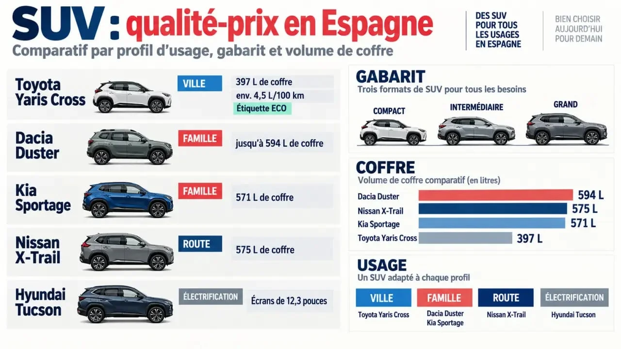 Infografía comparativa de los mejores SUV calidad-precio por espacio, consumo y uso