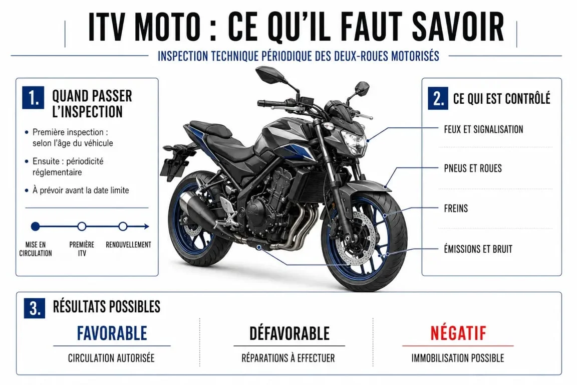 ITV motos : schéma éditorial des délais, des contrôles et des résultats de l’inspection