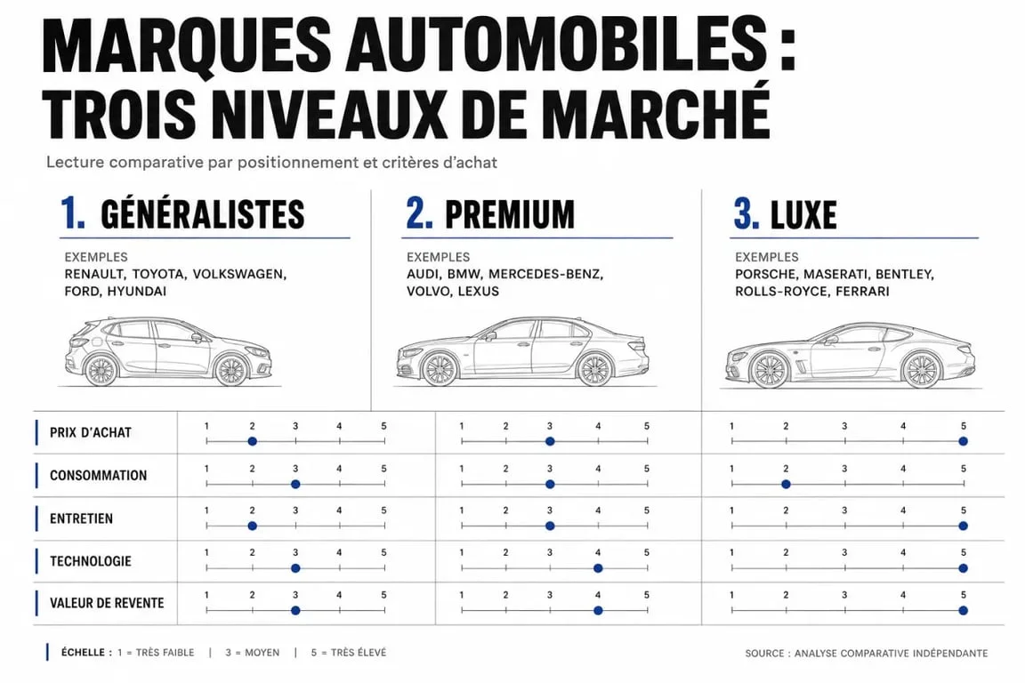 Marcas de coches comparadas por tipo, precio y nivel de lujo en una composición editorial
