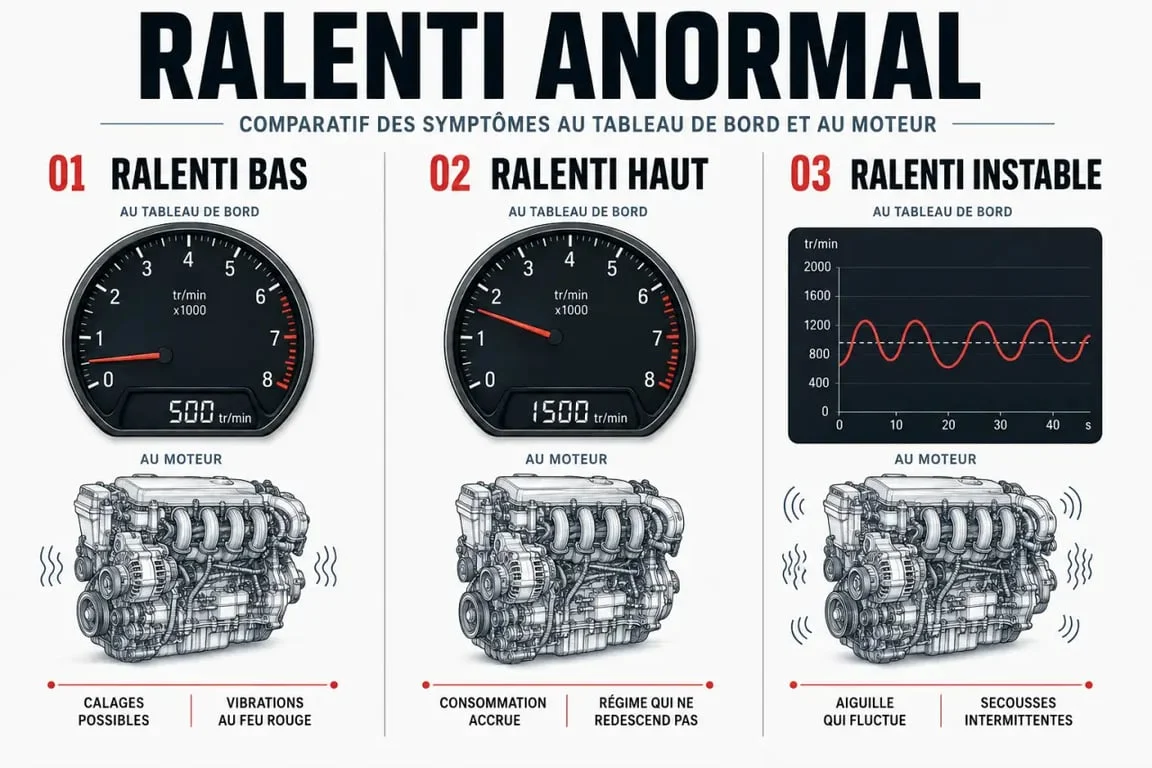 ¿Qué es el ralentí? Comparación visual de ralentí bajo, alto e inestable en un coche.