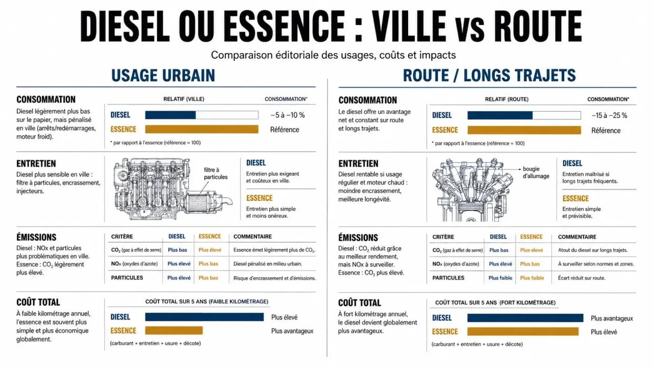 diesel o gasolina: infografía comparativa sobre consumo, mantenimiento y uso urbano o carretera