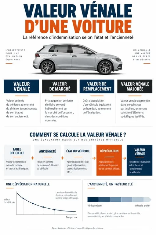 Infografía comparativa sobre el valor venal de un coche y su diferencia con el valor de mercado y de reposición