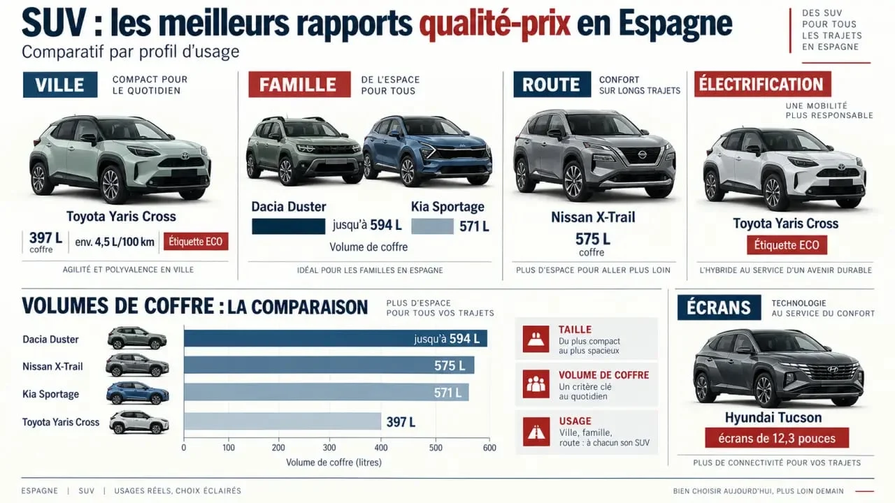 Infografía comparativa de los mejores SUV calidad-precio por espacio, consumo y uso