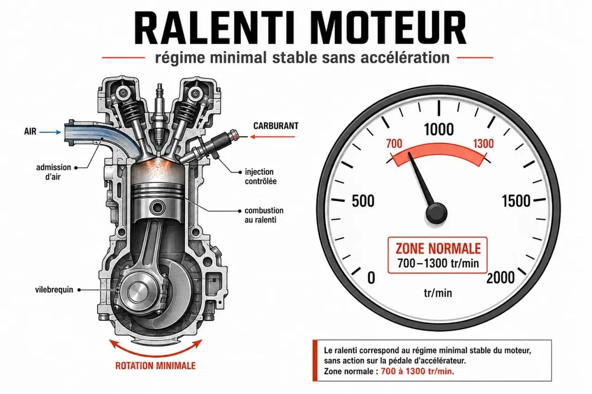 ¿Qué es el ralentí? Gráfico del motor y tacómetro con rango normal de rpm.
