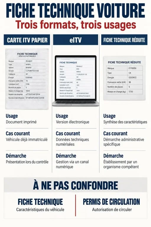 Infografía comparativa sobre la ficha tecnica coche, la tarjeta ITV, la eITV y la ficha técnica reducida