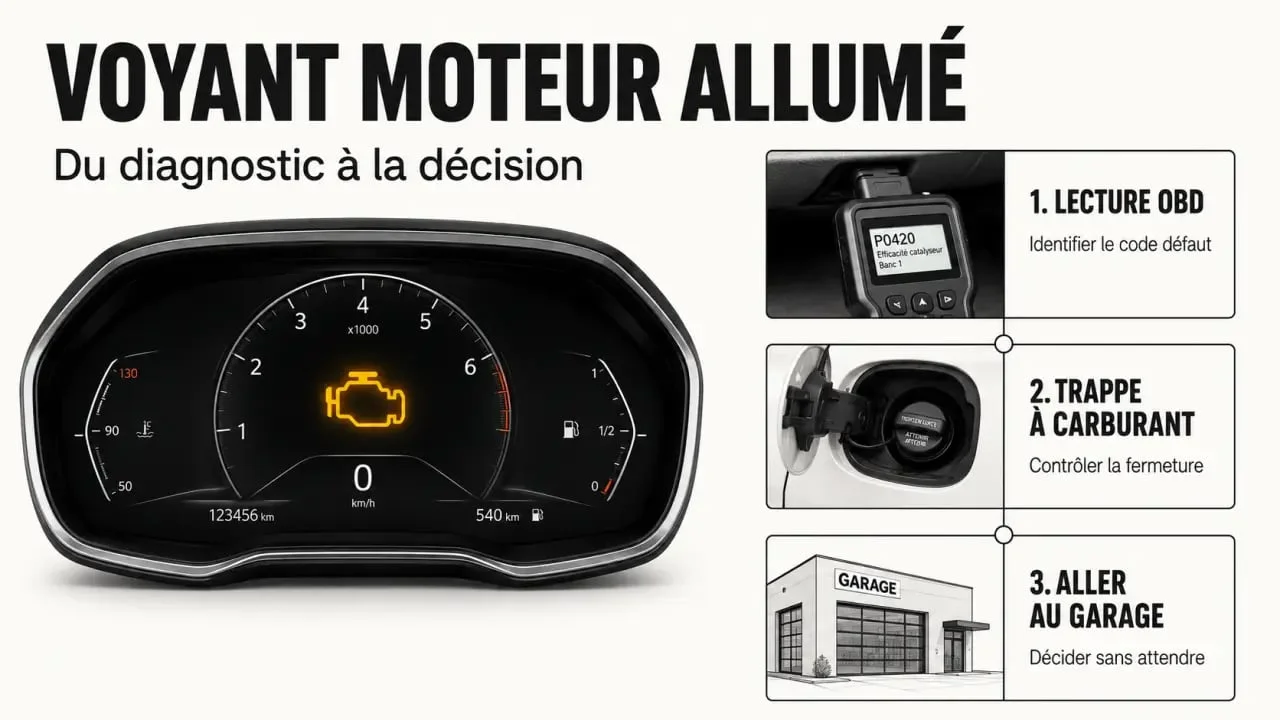check coche : voyant moteur allumé, diagnostic OBD et vérifications de base avant le garage