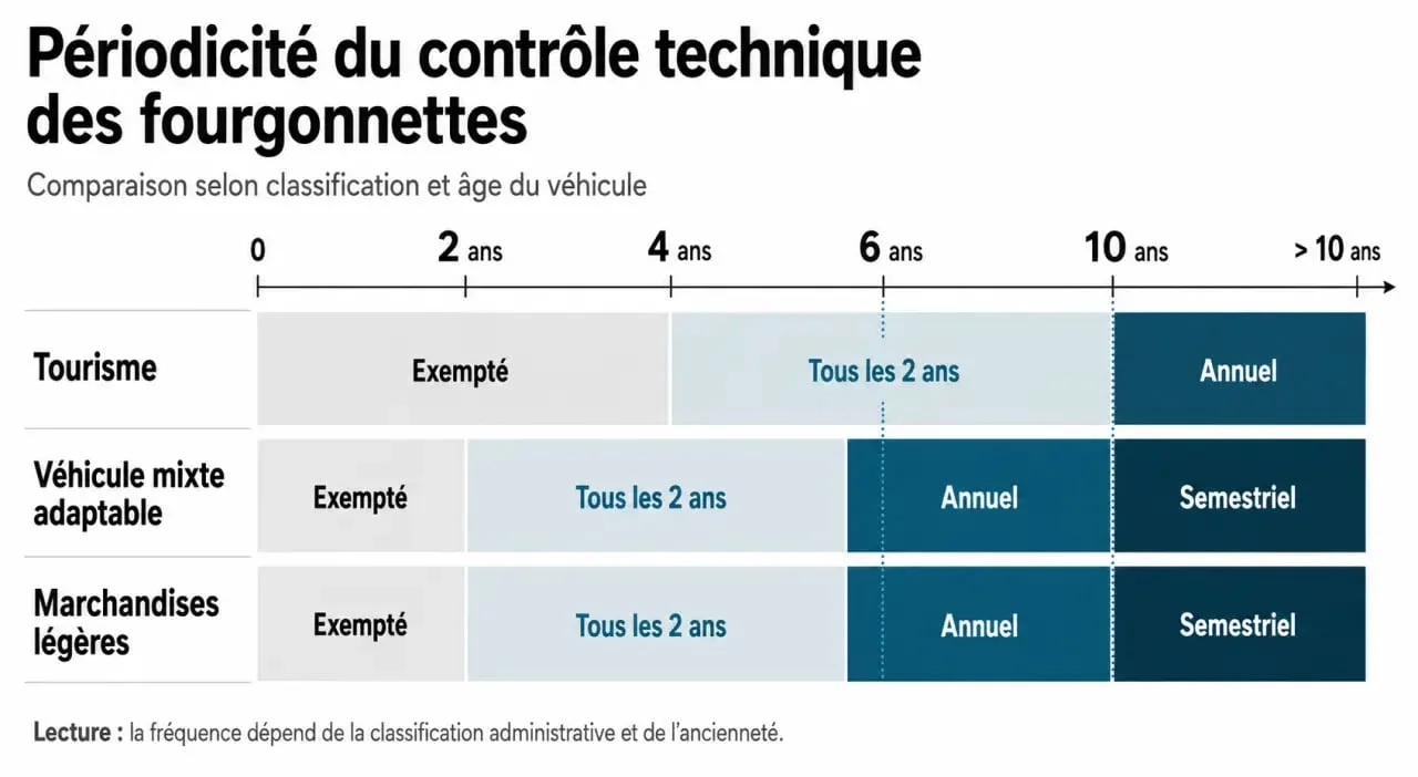 ITV furgonetas: visualización comparativa de periodicidades por turismo, vehículo mixto y mercancías